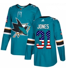 Youth Adidas San Jose Sharks 31 Martin Jones Authentic Teal Green USA Flag Fashion NHL Jersey 