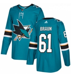 Youth Adidas San Jose Sharks 61 Justin Braun Authentic Teal Green Home NHL Jersey 