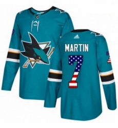 Youth Adidas San Jose Sharks 7 Paul Martin Authentic Teal Green USA Flag Fashion NHL Jersey 