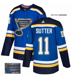 Mens Adidas St Louis Blues 11 Brian Sutter Authentic Royal Blue Fashion Gold NHL Jersey 