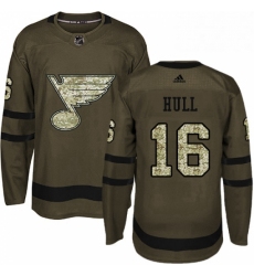Mens Adidas St Louis Blues 16 Brett Hull Authentic Green Salute to Service NHL Jersey 