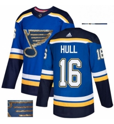 Mens Adidas St Louis Blues 16 Brett Hull Authentic Royal Blue Fashion Gold NHL Jersey 
