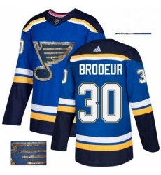 Mens Adidas St Louis Blues 30 Martin Brodeur Authentic Royal Blue Fashion Gold NHL Jersey 