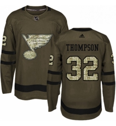 Mens Adidas St Louis Blues 32 Tage Thompson Premier Green Salute to Service NHL Jersey 
