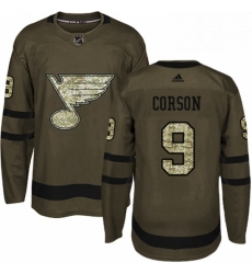 Mens Adidas St Louis Blues 9 Shayne Corson Authentic Green Salute to Service NHL Jersey 