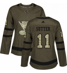 Womens Adidas St Louis Blues 11 Brian Sutter Authentic Green Salute to Service NHL Jersey 