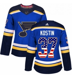 Womens Adidas St Louis Blues 37 Klim Kostin Authentic Blue USA Flag Fashion NHL Jersey 