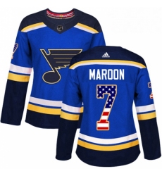 Womens Adidas St Louis Blues 7 Patrick Maroon Authentic Blue USA Flag Fashion NHL Jersey 
