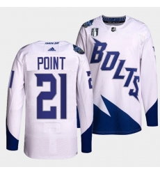 Men Tampa Bay Lightning 21 Brayden Point 2022 White Stanley Cup Final Patch Stitched Jersey