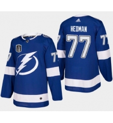 Men Tampa Bay Lightning 77 Victor Hedman 2022 Blue Stanley Cup Final Patch Stitched Jersey