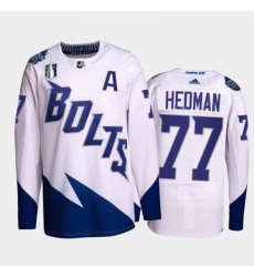 Men Tampa Bay Lightning 77 Victor Hedman 2022 White Stanley Cup Final Patch Stitched Jersey