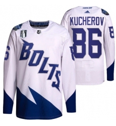 Men Tampa Bay Lightning 86 Nikita Kucherov 2022 White Stanley Cup Final Patch Stitched Jersey