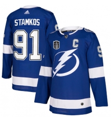 Men Tampa Bay Lightning 91 Steven Stamkos 2022 Blue Stanley Cup Final Patch Stitched Jersey