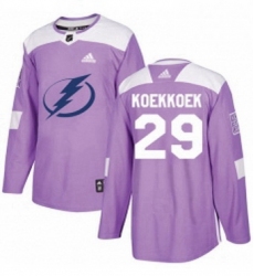 Mens Adidas Tampa Bay Lightning 29 Slater Koekkoek Authentic Purple Fights Cancer Practice NHL Jersey 