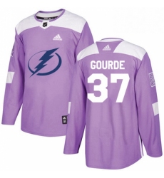 Mens Adidas Tampa Bay Lightning 37 Yanni Gourde Authentic Purple Fights Cancer Practice NHL Jersey 