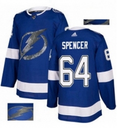 Mens Adidas Tampa Bay Lightning 64 Matthew Spencer Authentic Royal Blue Fashion Gold NHL Jersey 