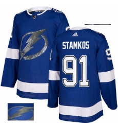 Mens Adidas Tampa Bay Lightning 91 Steven Stamkos Authentic Royal Blue Fashion Gold NHL Jersey 