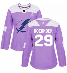 Womens Adidas Tampa Bay Lightning 29 Slater Koekkoek Authentic Purple Fights Cancer Practice NHL Jersey 