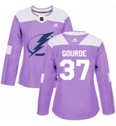 Womens Adidas Tampa Bay Lightning 37 Yanni Gourde Authentic Purple Fights Cancer Practice NHL Jersey 