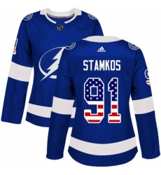 Womens Adidas Tampa Bay Lightning 91 Steven Stamkos Authentic Blue USA Flag Fashion NHL Jersey 