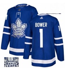 Mens Adidas Toronto Maple Leafs 1 Johnny Bower Authentic Royal Blue Fashion Gold NHL Jersey 