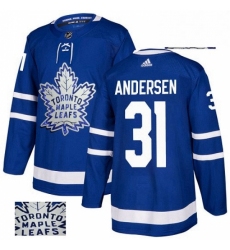 Mens Adidas Toronto Maple Leafs 31 Frederik Andersen Authentic Royal Blue Fashion Gold NHL Jersey 