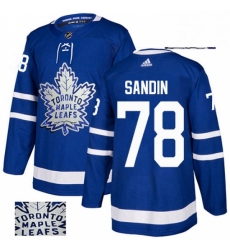 Mens Adidas Toronto Maple Leafs 78 Rasmus Sandin Authentic Royal Blue Fashion Gold NHL Jersey 