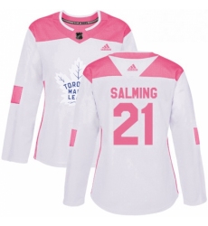 Womens Adidas Toronto Maple Leafs 21 Borje Salming Authentic WhitePink Fashion NHL Jersey 
