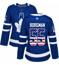 Womens Adidas Toronto Maple Leafs 55 Andreas Borgman Authentic Royal Blue USA Flag Fashion NHL Jersey 