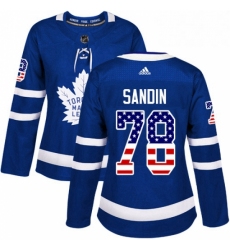 Womens Adidas Toronto Maple Leafs 78 Rasmus Sandin Authentic Royal Blue USA Flag Fashion NHL Jersey 