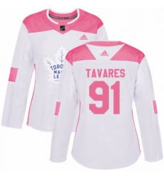 Womens Adidas Toronto Maple Leafs 91 John Tavares Authentic White Pink Fashion NHL Jersey 