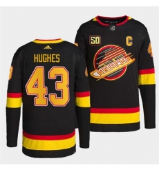 Men Vancouver Canucks 43 Quinn Hughes Black Retro With 50th Anniversary Patch Stitched Jersey