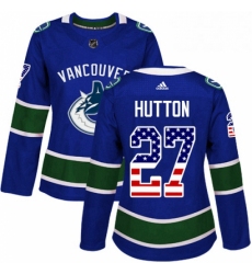 Womens Adidas Vancouver Canucks 27 Ben Hutton Authentic Blue USA Flag Fashion NHL Jersey 