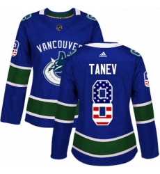 Womens Adidas Vancouver Canucks 8 Christopher Tanev Authentic Blue USA Flag Fashion NHL Jersey 