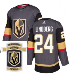 Adidas Golden Knights #24 Oscar Lindberg Grey Home Authentic Stitched NHL Inaugural Season Patch Jersey