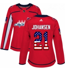 Womens Adidas Washington Capitals 21 Lucas Johansen Authentic Red USA Flag Fashion NHL Jersey 