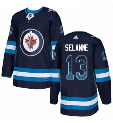 Mens Adidas Winnipeg Jets 13 Teemu Selanne Authentic Navy Blue Drift Fashion NHL Jersey 