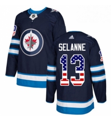 Mens Adidas Winnipeg Jets 13 Teemu Selanne Authentic Navy Blue USA Flag Fashion NHL Jersey 