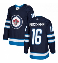 Mens Adidas Winnipeg Jets 16 Laurie Boschman Authentic Navy Blue Home NHL Jersey 