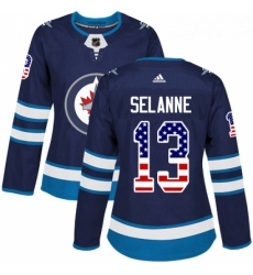 Womens Adidas Winnipeg Jets 13 Teemu Selanne Authentic Navy Blue USA Flag Fashion NHL Jersey 