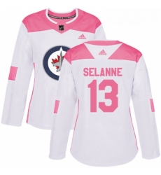 Womens Adidas Winnipeg Jets 13 Teemu Selanne Authentic WhitePink Fashion NHL Jersey 