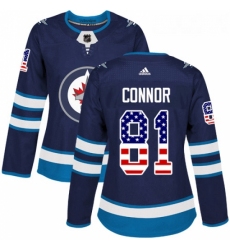 Womens Adidas Winnipeg Jets 81 Kyle Connor Authentic Navy Blue USA Flag Fashion NHL Jersey 