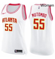 Womens Nike Atlanta Hawks 55 Dikembe Mutombo Swingman WhitePink Fashion NBA Jersey 