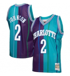 Men Charlotte Hornets 2 Larry Johnson Teal Purple Split 1992 93 Mitchell  26 Ness Swingman Stitched Jersey