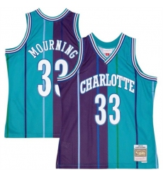 Men Charlotte Hornets 33 Alonzo Mourning Teal Purple Split 1992 93 Mitchell  26 Ness Swingman Stitched Jersey