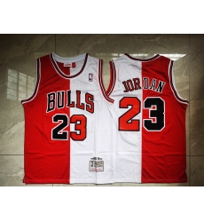 Men Chicago Bulls Michael Jordan 23 Red White Split Mitchells Ness Hardwood Classics NBA Jersey