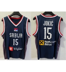 Men Team Srbija Serbia Basketball jersey Blue Nicola Jokic #15 Sewn