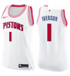 Womens Nike Detroit Pistons 1 Allen Iverson Swingman WhitePink Fashion NBA Jersey