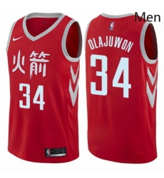 Mens Nike Houston Rockets 34 Hakeem Olajuwon Swingman Red NBA Jersey City Edition