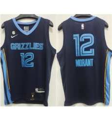 Men Memphis Grizzlies 12 Ja Morant Navy With NO 6 Patch Stitched Jersey
